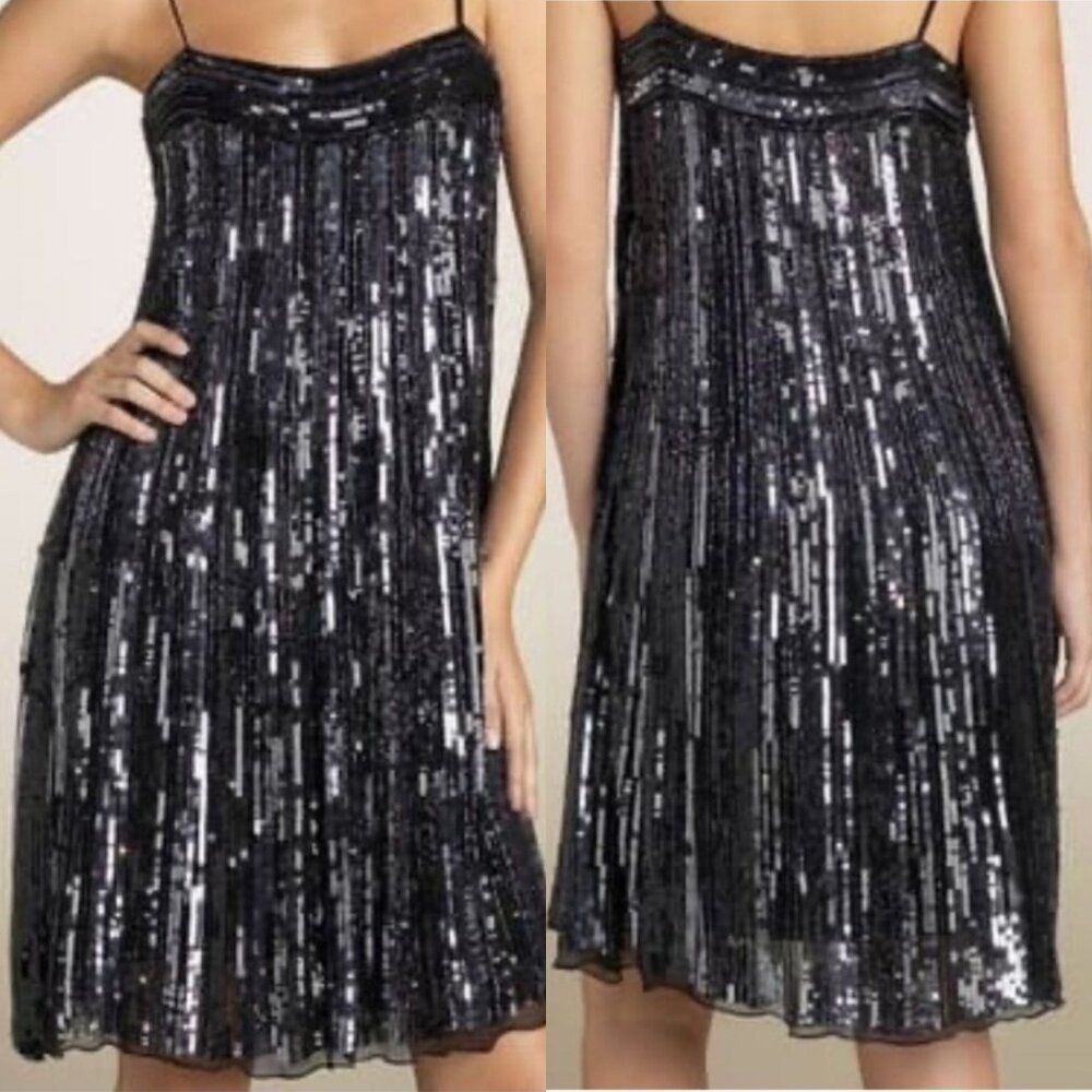 Vtg 80s Silk Sequin‎ Dress Sz 8 Black Silver Sleeveless Knee Shift Cocktail Glam
